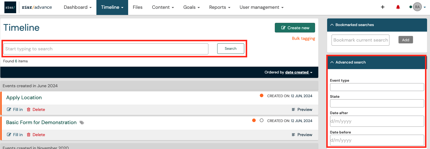advance timeline search